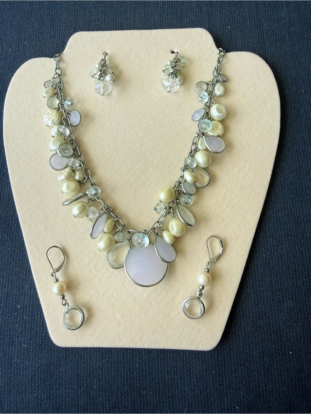 Elegant Cream & Silver Multi-Dangle Necklace with 2 pairs of Earring Sets
